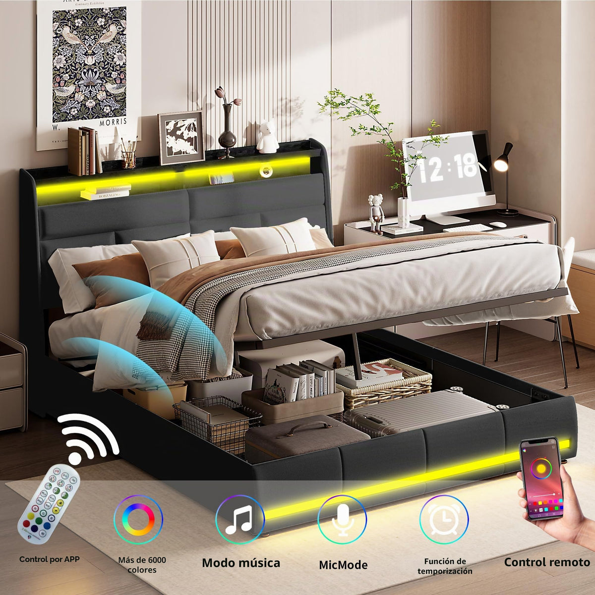 Cama tapizada de 160 x 200 cm, cama doble LED con espacio de almacenamiento, cabecero y función de carga USB C, cama de almacenamiento hidráulico, respaldo con somier de láminas de madera