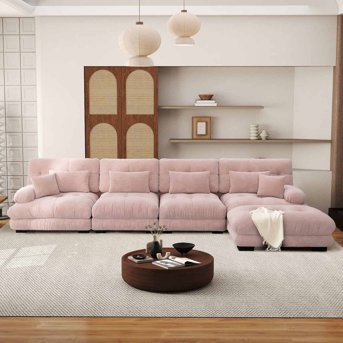 SoarFlash Sofá U Modular de 4 plazas para salón Moderno, sofá Nube de Tela Chenille con reposabrazos, Color Amarillo, 145×406 cm