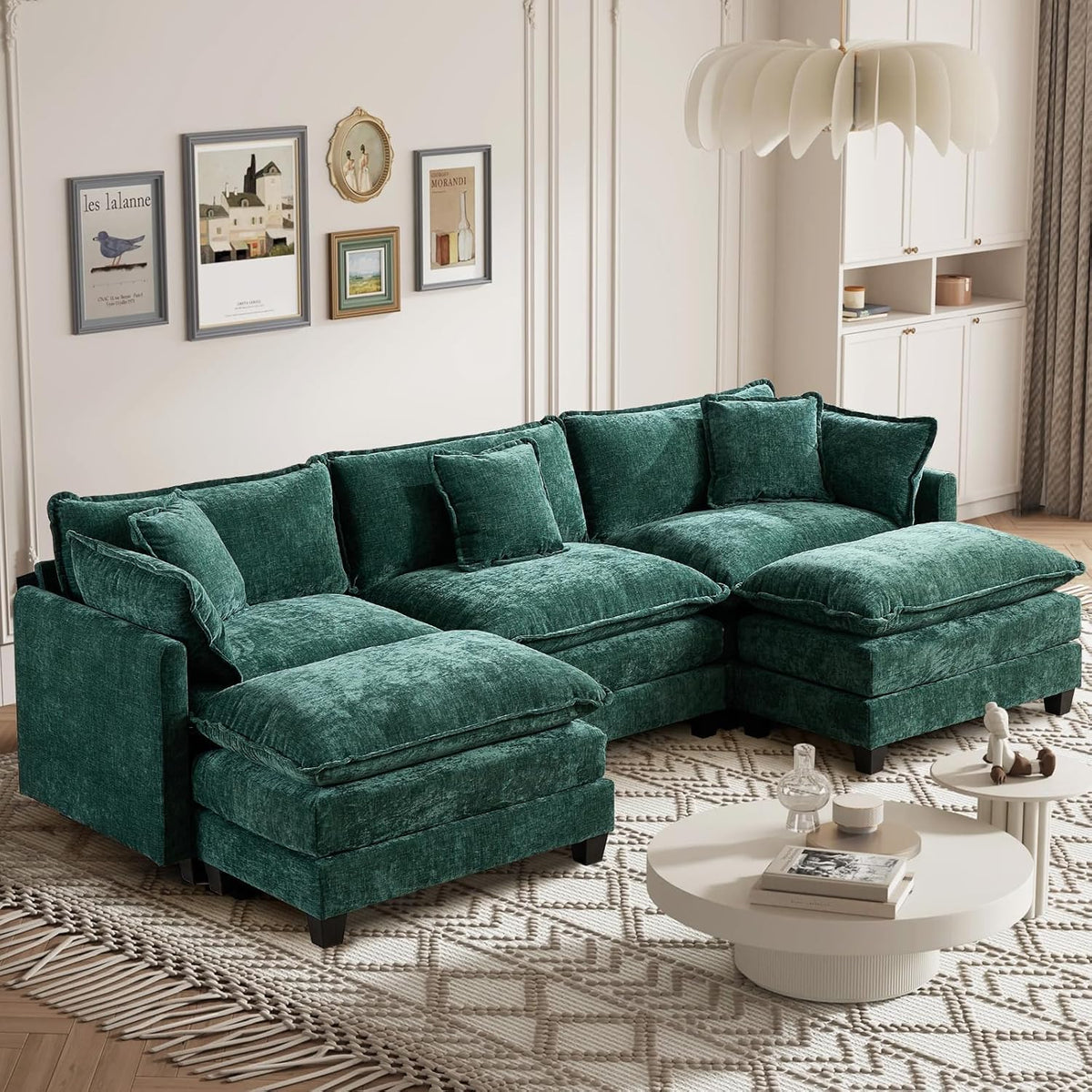 Sofá Modular Modular de 380.0 cm en Forma de L, sofás Convertibles de Gran tamaño, sofá de felpilla de 4 plazas con Asiento Profundo SleeperCloud con Almohadas y 2 otomanas para Sala de
