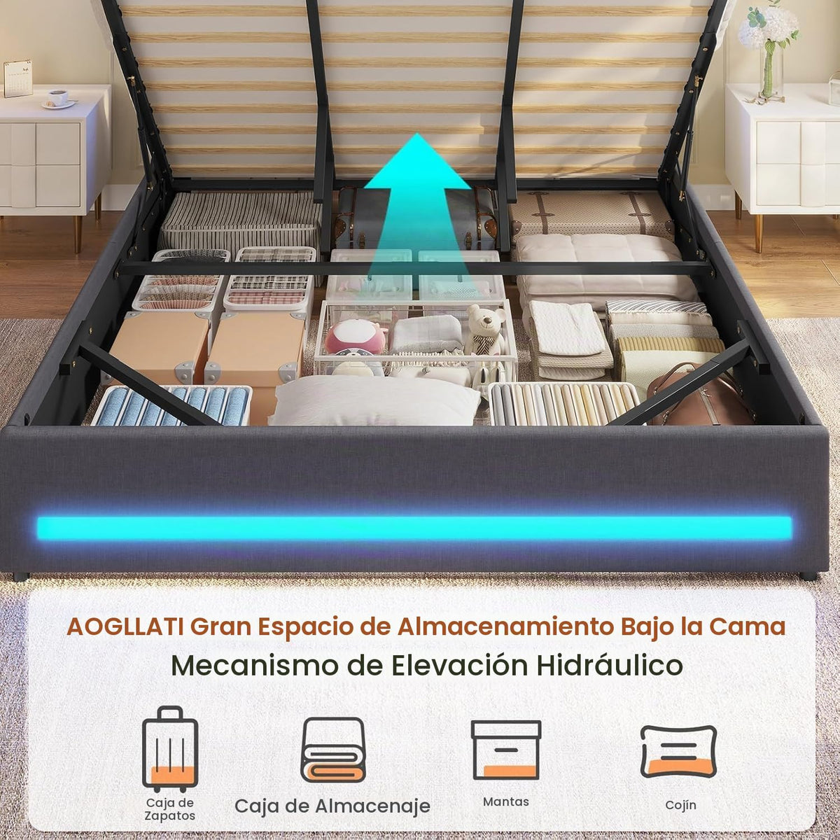 AOGLLATI Camas Matrimoniales 140x190 cm con Almacenamiento Hidráulico, Cama Canapé con Cabecero Ajustable, Estructura de Cama con Luces LED y Estación de Carga (USB y Tipo-C), Gris Oscuro