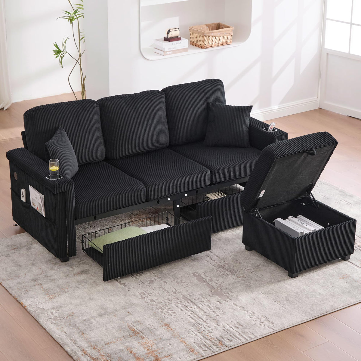Dolamaní Sofá de terciopelo de 3 plazas con 2 cajones, soporte para bebidas, bolsillos laterales y reposapiés para sala de estar, dormitorio y oficina (beige)