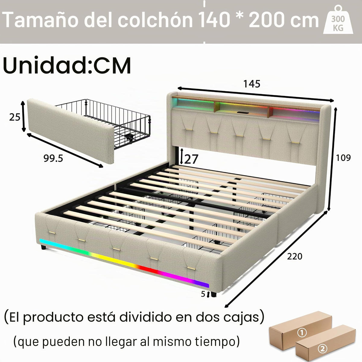 Estructura de Cama de Cuero 160x200cm con Carga USB Type-C, Blanco