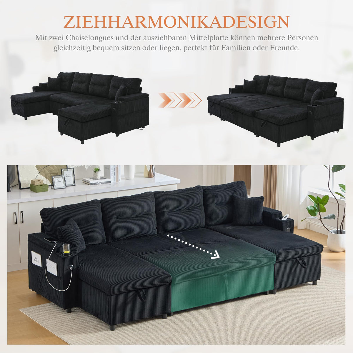 Dolamaní Sofá moderno de 4 plazas de tela de lino con espacio de almacenamiento y función de dormir, sofá cama con cajonera extensible en forma de L para casa y salón (beige B)