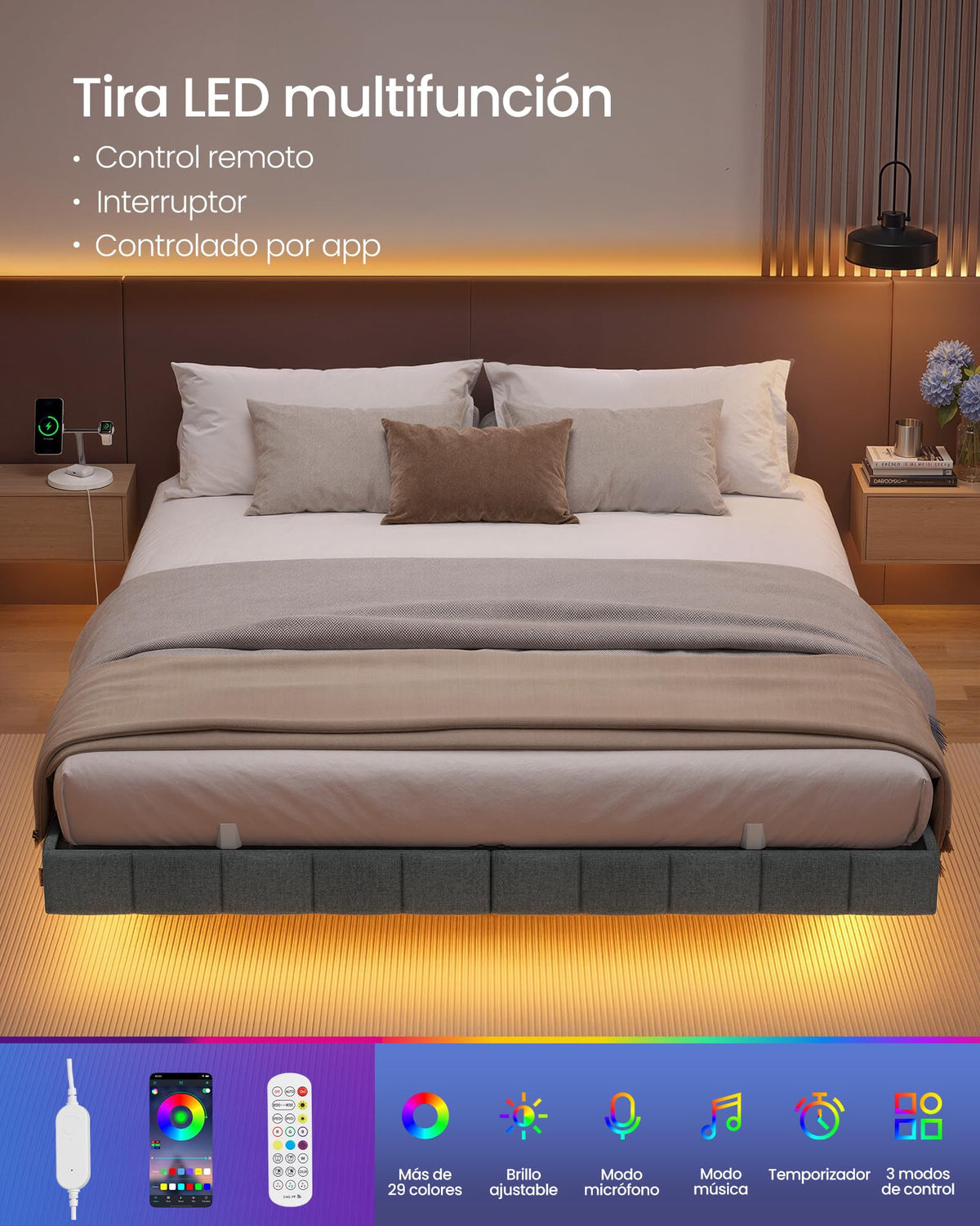 VASAGLE Marco de Cama Flotante, 140 x 200 cm, LED, 2 Tomas y 3 USB