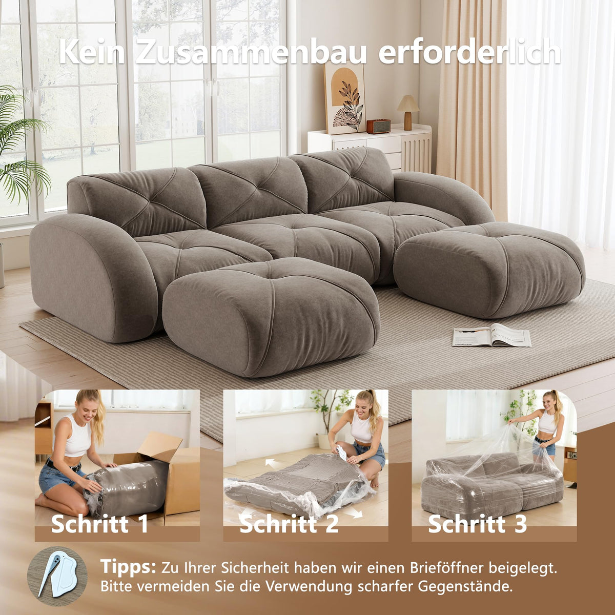 Sofá de esquina en forma de L de 4 plazas con reposapiés, sofá modular Cloud sin marcos de chenilla, sofá de estar suave, antideslizante, combinable de forma flexible, sin montaje, salón color