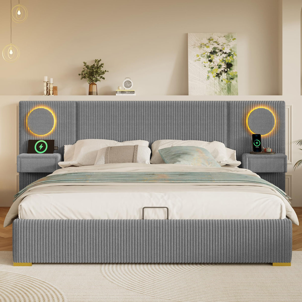 Moimhear Cama tapizada de terciopelo, cabecero LED, conectores USB, almacenamiento hidráulico