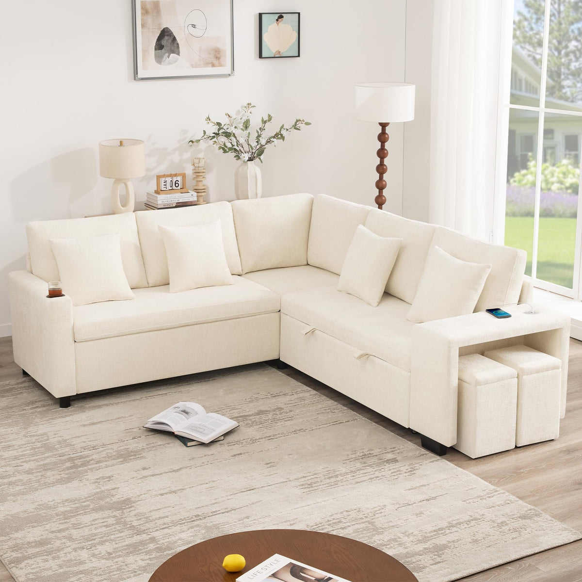 Sofá moderno de chenilla en forma de U con chaise longue, sofá esquinero de 4 plazas con espacio de almacenamiento, puerto USB y tipo C, modular, con soporte para bebidas y cojines suaves
