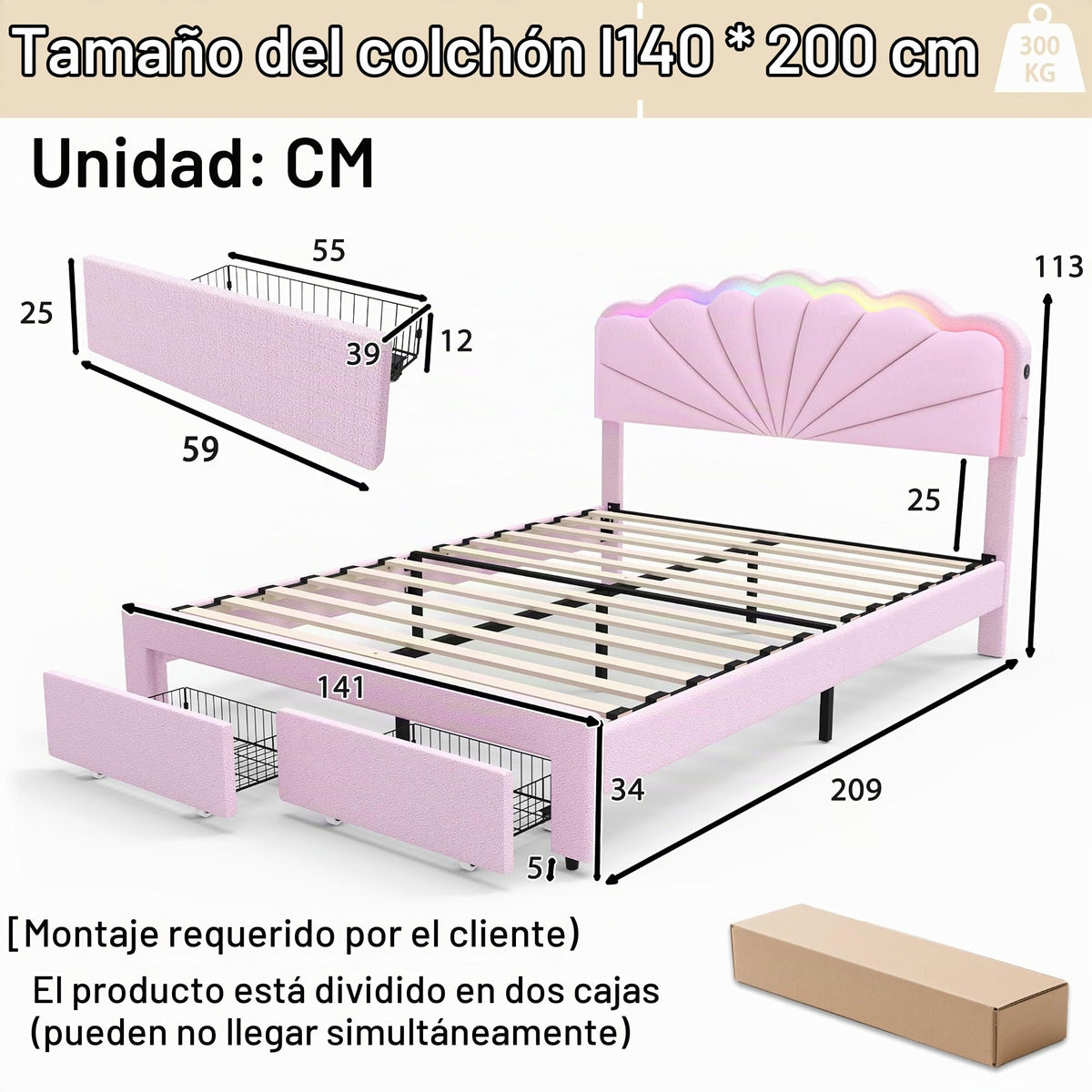 Armazón de Cama de Cuero 140x200cm con luz LED, Blanco