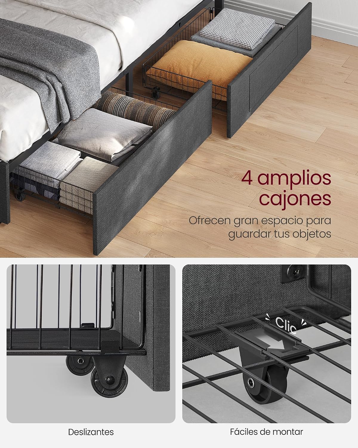 VASAGLE Marco de Cama Matrimonio, Base con Listones, 140 x 200 cm, LED, Metal, 4 Cajones, Estación de Carga, Cabecero Acolchado Ajustable, Gris Pizarra RMB827G02