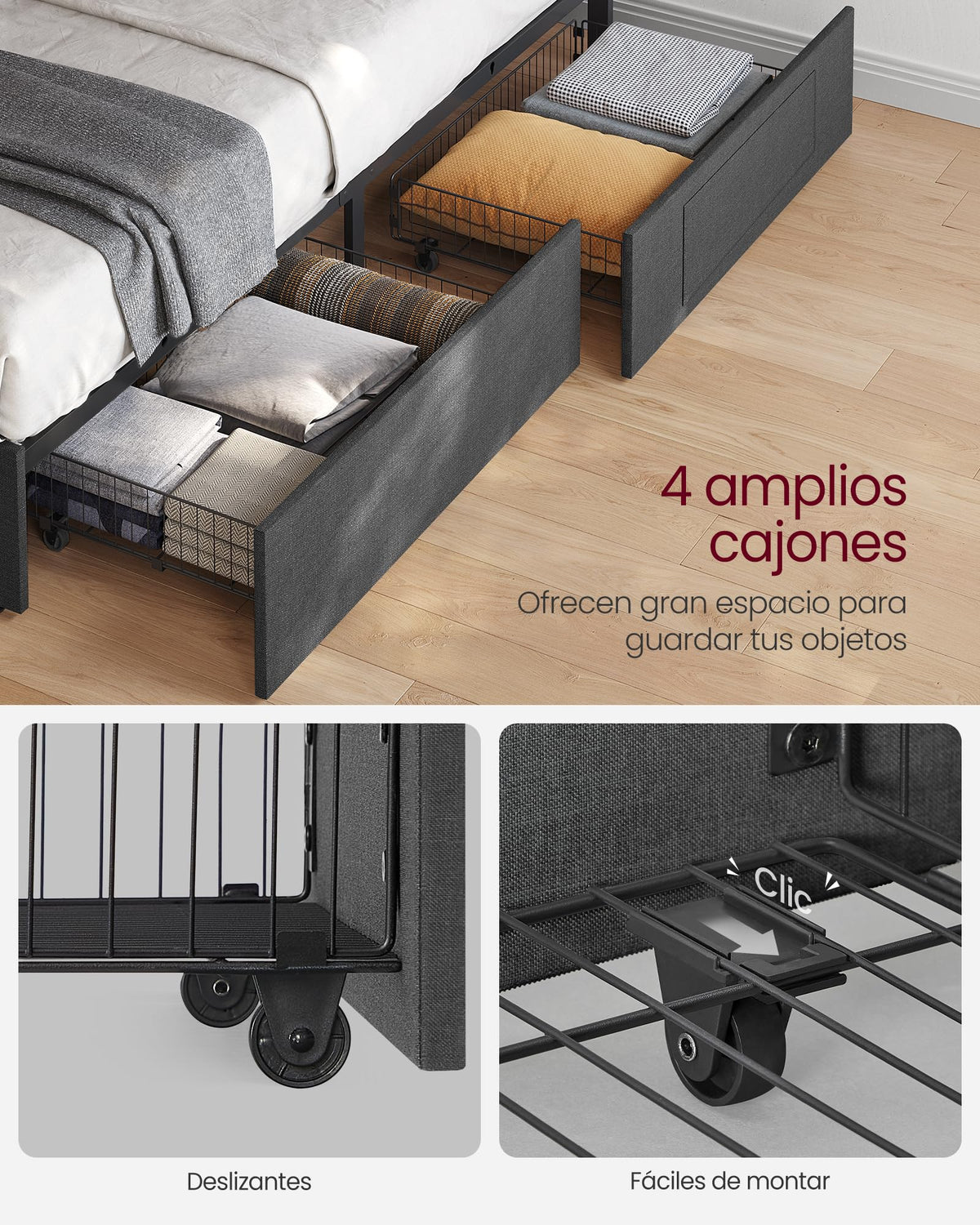VASAGLE Marco de Cama Matrimonio, Base con Listones, 140 x 200 cm, LED, Metal, 4 Cajones, Estación de Carga, Cabecero Acolchado Ajustable, Gris Pizarra RMB827G02