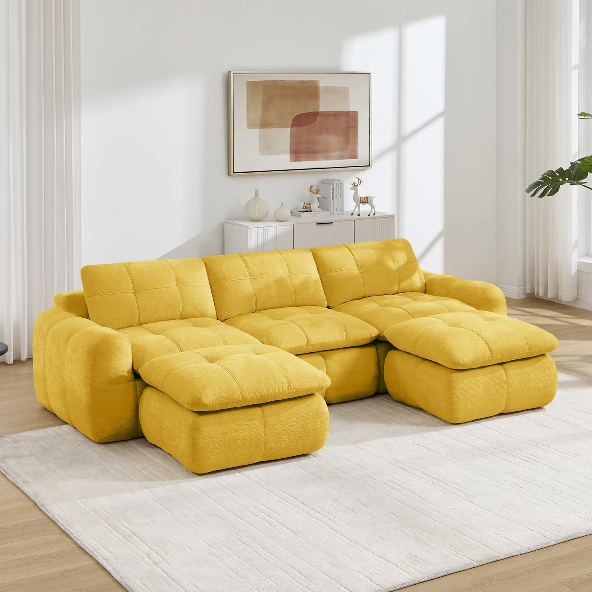 Sofá de 3 plazas con 1 taburete chenilla beige