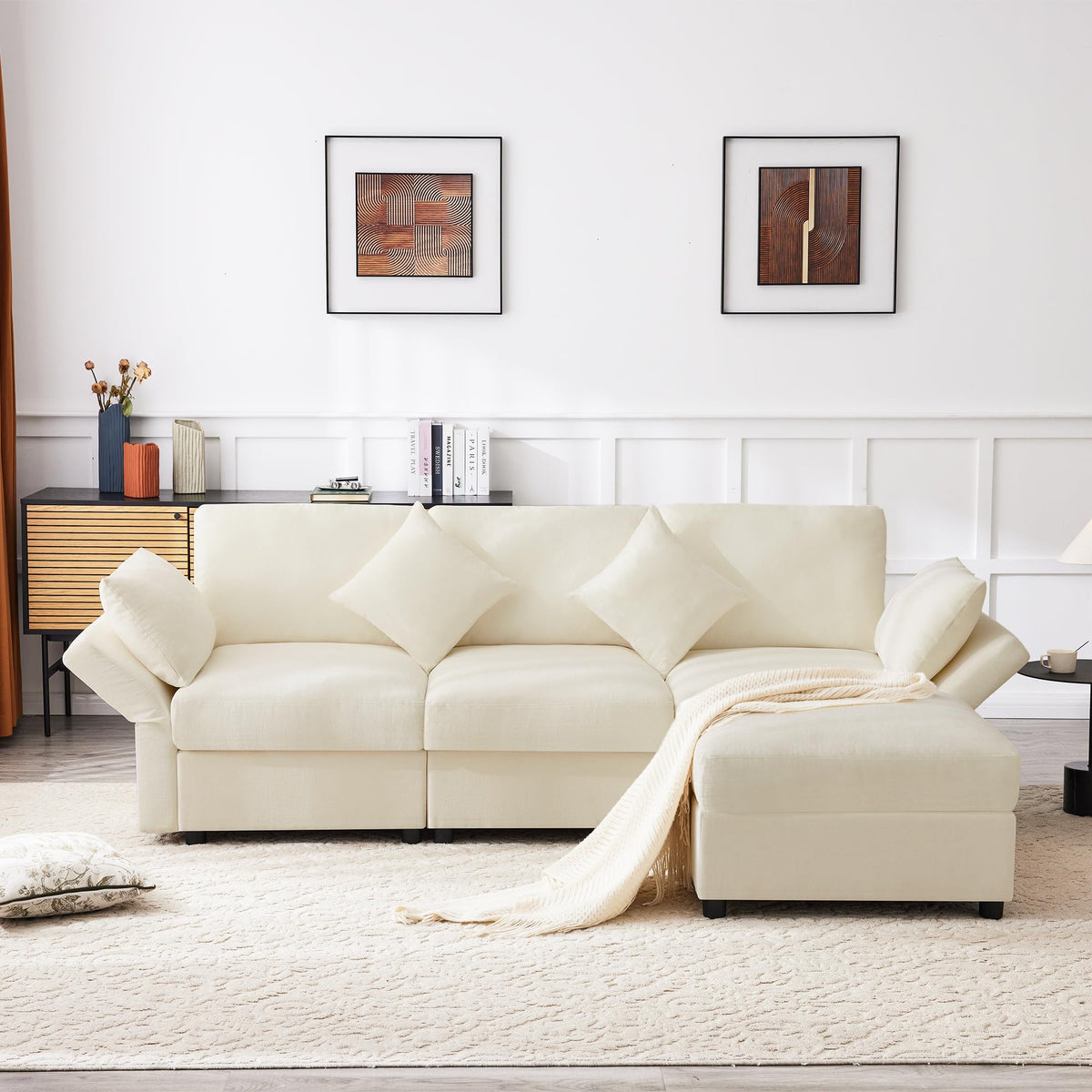 Soweiz Sofá de esquina en forma de L con reposapiés, sofá cama convertible de 3 plazas, 4 cojines, brazos ajustables, tejido chenilla, adecuado para salón/oficina/apartamento, 218 x 156,5 x 86 cm