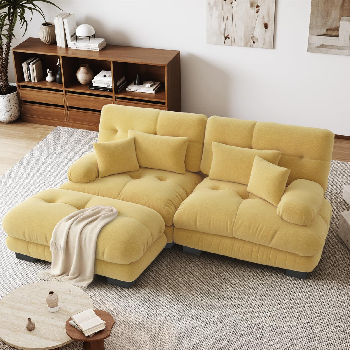 SoarFlash Sofá U Modular de 4 plazas para salón Moderno, sofá Nube de Tela Chenille con reposabrazos, Color Amarillo, 145×406 cm