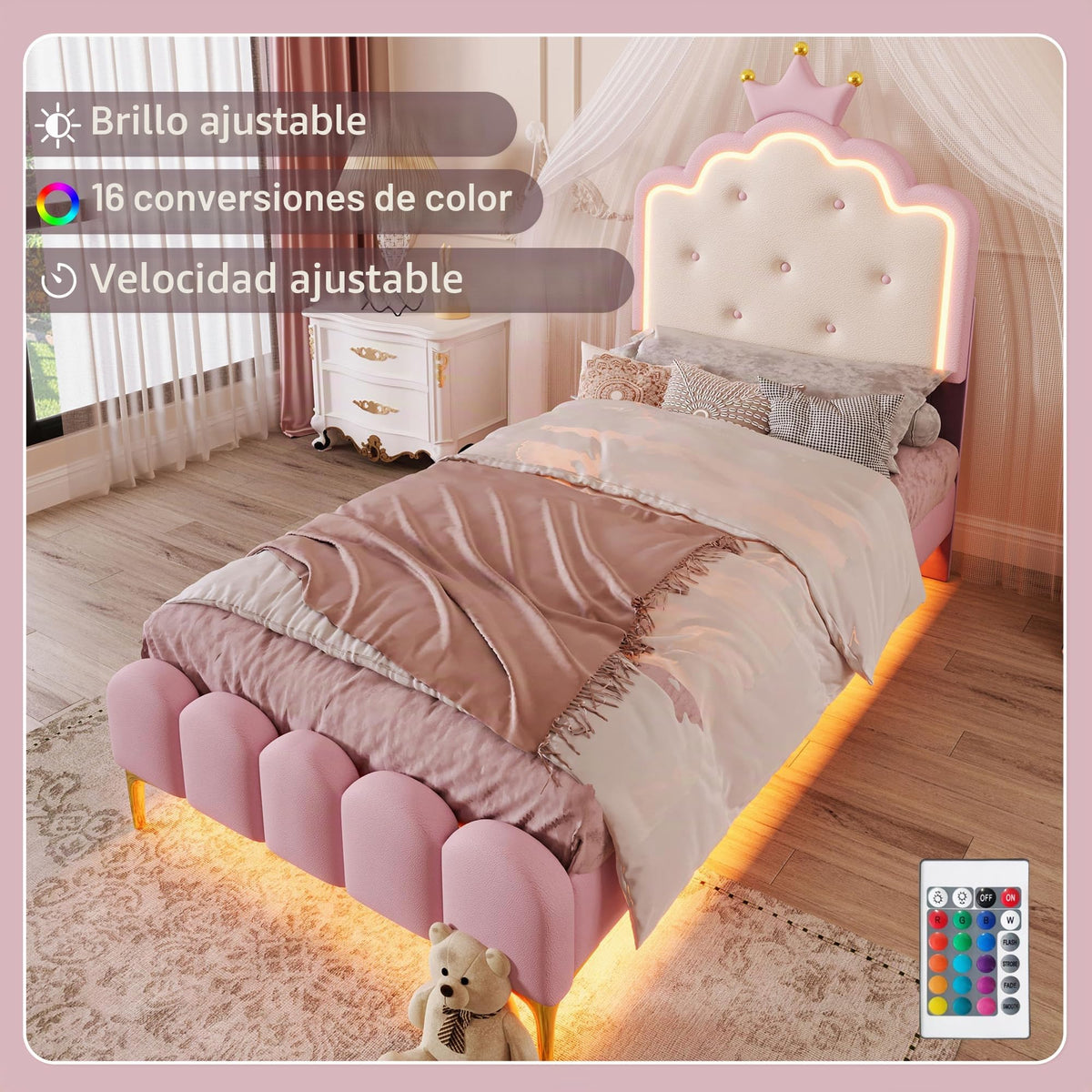 Kebnor Cama tapizada con somier, luz ambiental con mando a distancia, diseño de princesa heredera, material PU, color rosa (sin colchón) (140 x 200 cm)