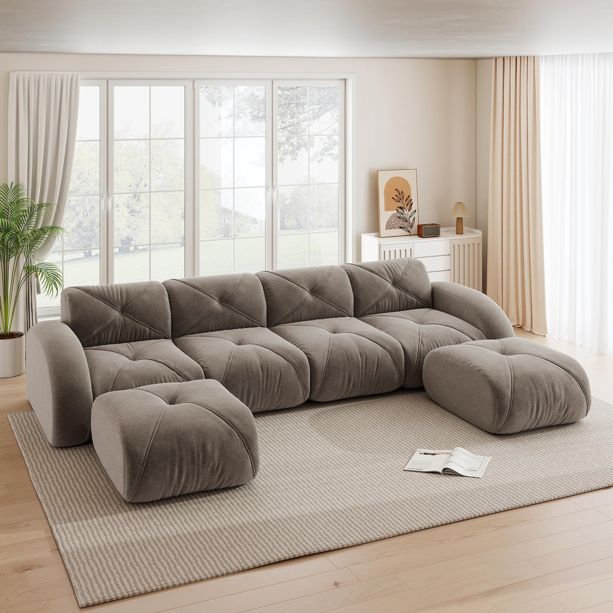 Sofá de esquina en forma de L de 4 plazas con reposapiés, sofá modular Cloud sin marcos de chenilla, sofá de estar suave, antideslizante, combinable de forma flexible, sin montaje, salón color