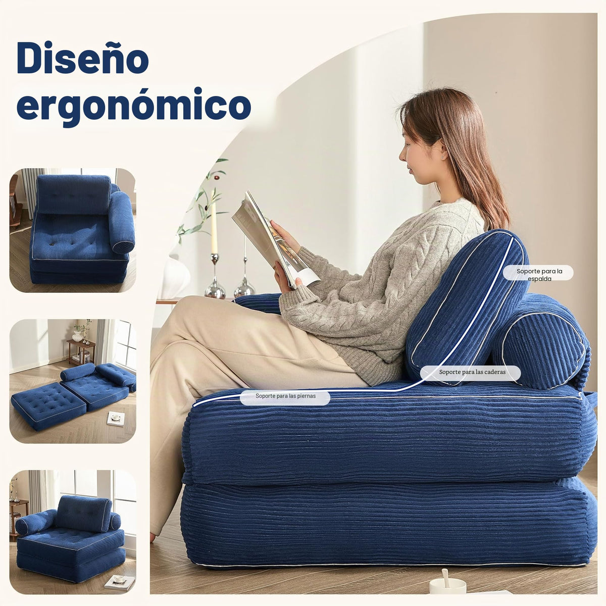 Sofá Convertible 4 en 1, Sofá Cama 1 Plaza, Pana, Negro