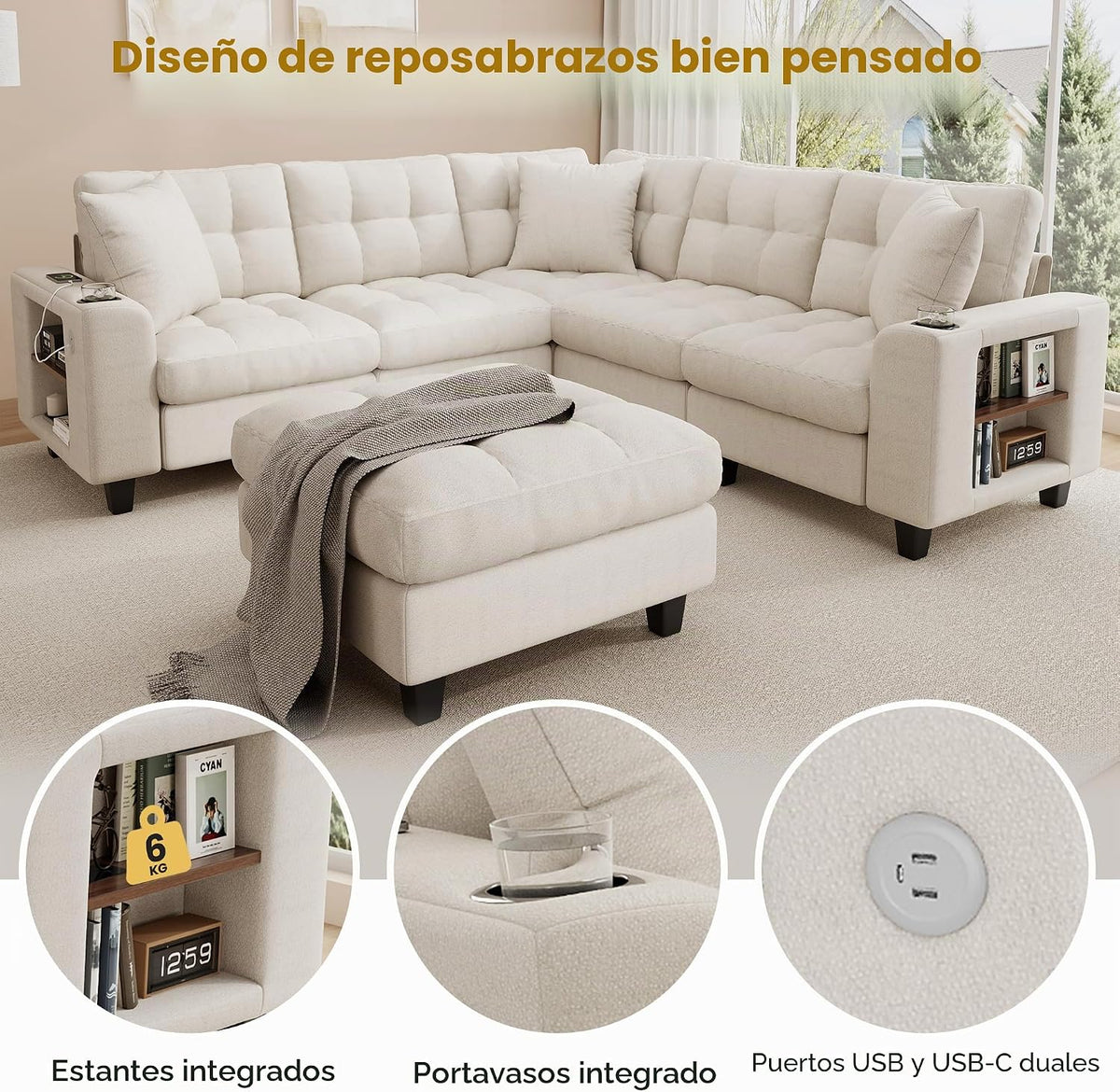 Sapgaks Sofá modular moderno de 6 plazas, con USB y portavasos, sofá de esquina modular muy grande en forma de U/L, con reposapiés extraíble y apoyabrazos con estantería, tela de chenilla, beige