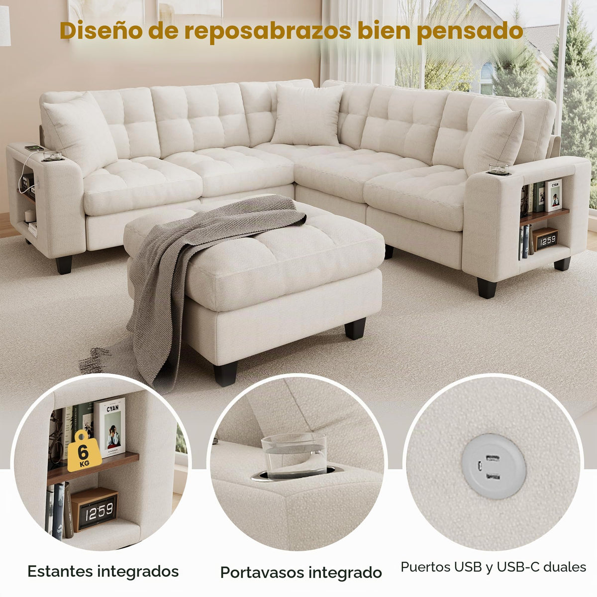 Sapgaks Sofá de esquina convertible de 6 plazas con USB, sofá convertible de 6 plazas, sofá de 6 plazas, en chenilla, con apoyabrazos en forma de librería, puf extraíble para configuraciones en L y en