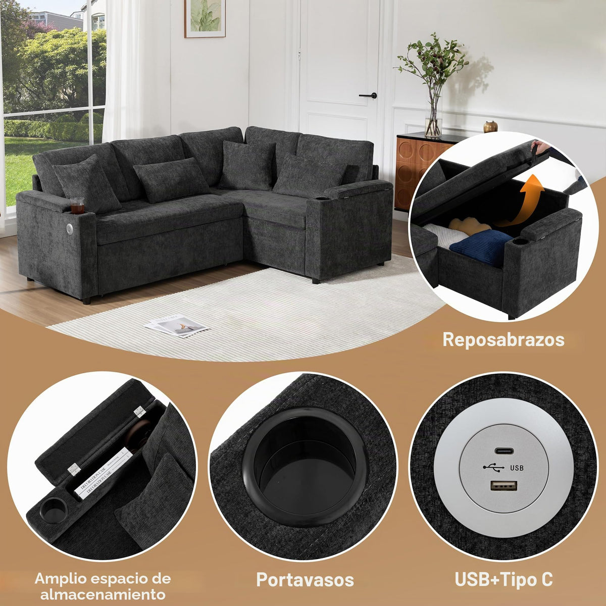 Lubvtti Sofá cama de 3 plazas moderno con función de cama, con espacio de almacenamiento, cargador USB, reposabrazos portaobjetos y 2 cojines, sofá de esquina en L, sofá de 3 plazas, chenilla (C-gris)