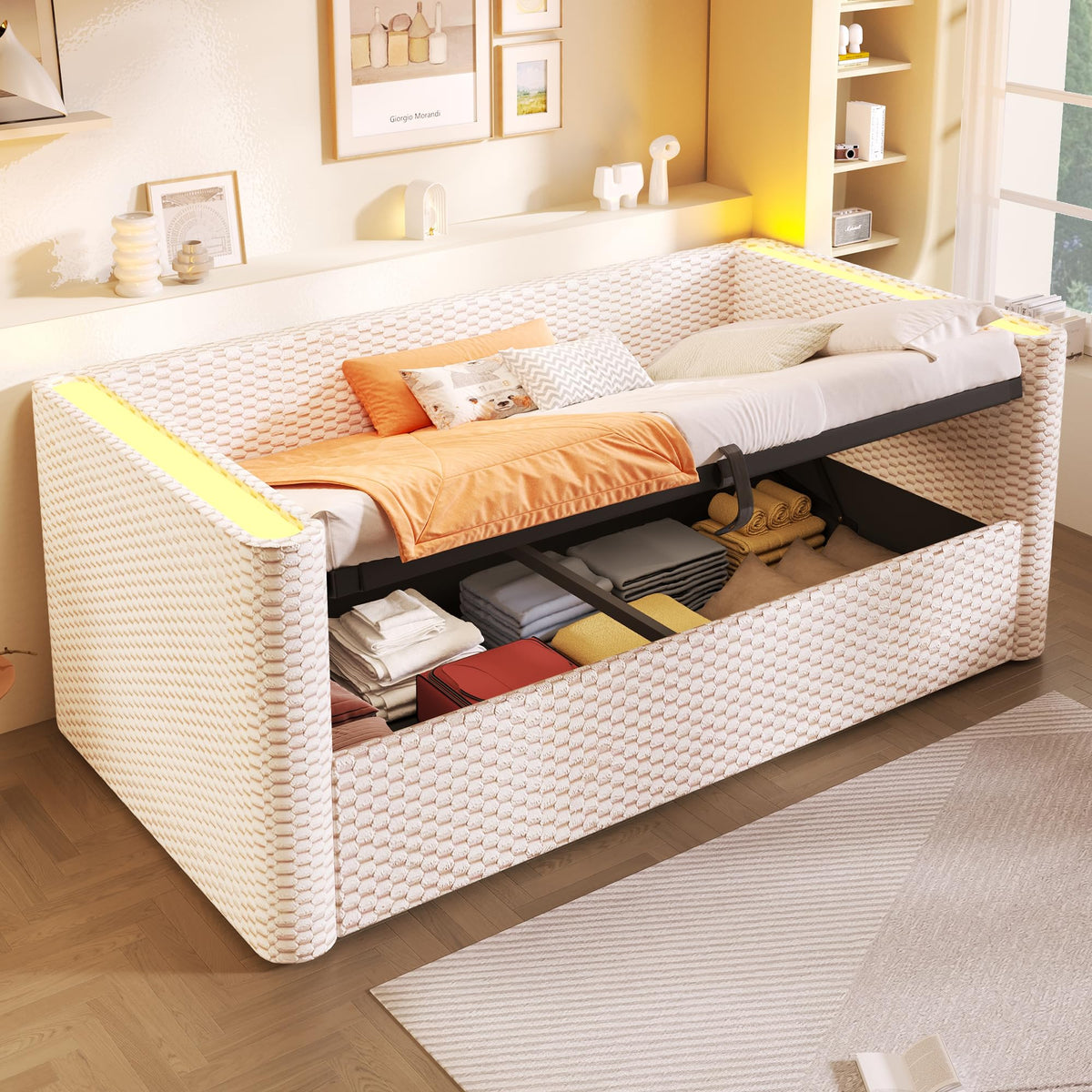 Moimhear Cama de día, diván cama, sofá cama, diseño de cama extensible multifuncional con tira de luz LED, somier de listones (sin colchón), terciopelo (beis, 90 x 200 cm+180 x 200 cm)