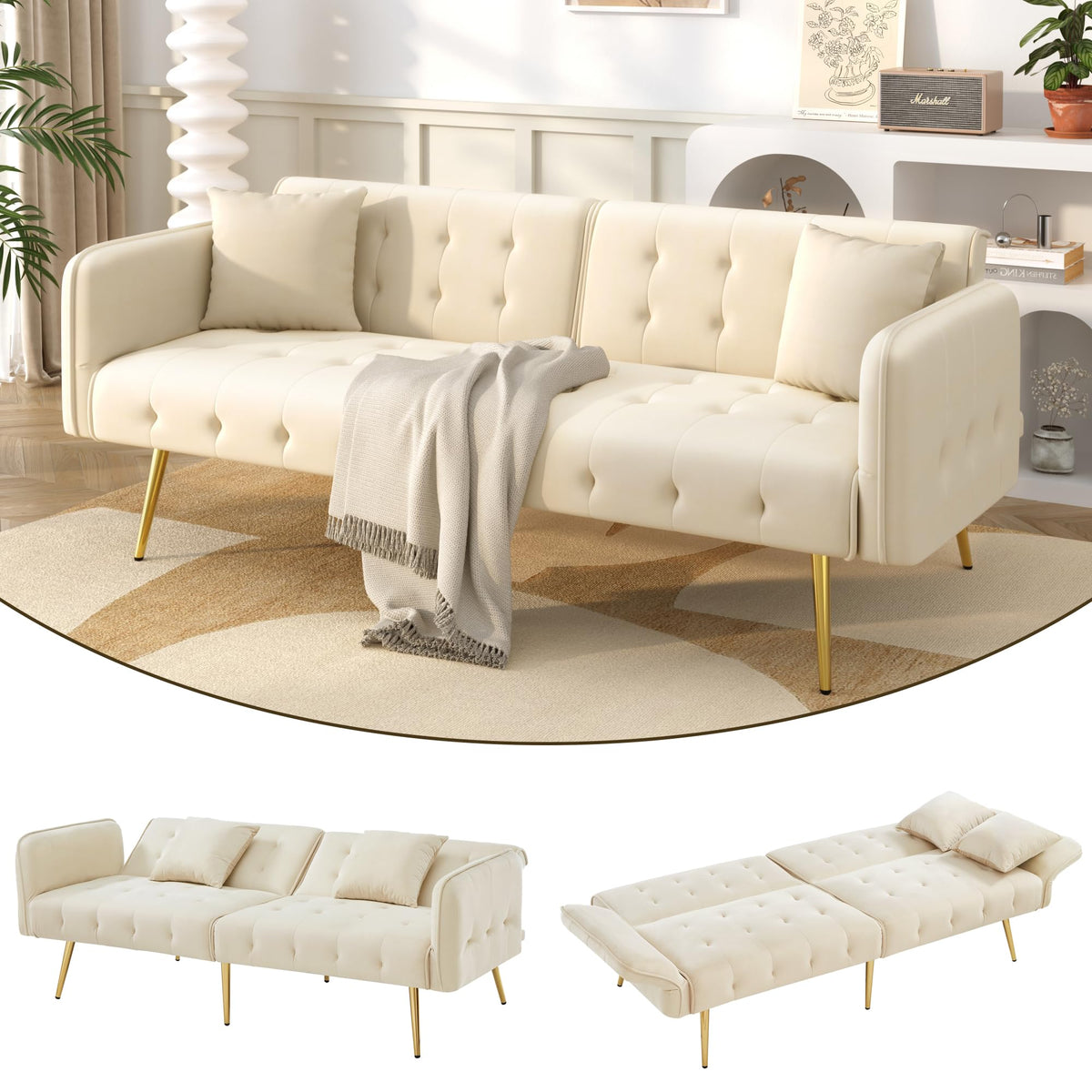 Sofá cama con esquinas ajustables, patas doradas, almohadas y bolsillos laterales para almacenamiento (Bavia)