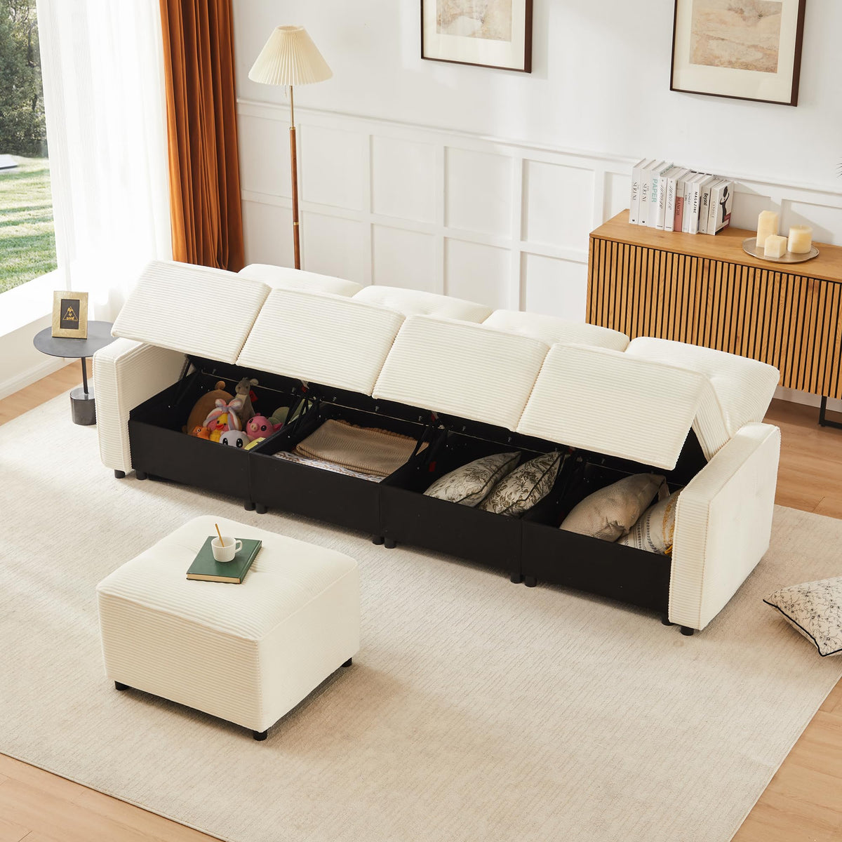 LAKFEW Sofa Cama con Cama Extensible y Taburete Almacenaje, Sofa Rinconera con USB, Lámpara de Lectura, Mesa Plegable con 2 Posavasos, 205x205x85 cm, Gris