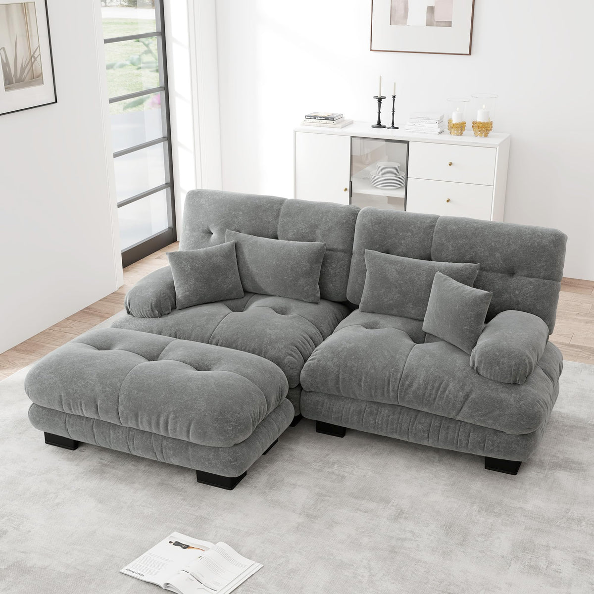 Sofá seccional Cloud en forma de L de 4 plazas con otomana móvil, ciniglia paisaje residencial con asiento profundo y reposabrazos anchos, gran sofá de sala para apartamento