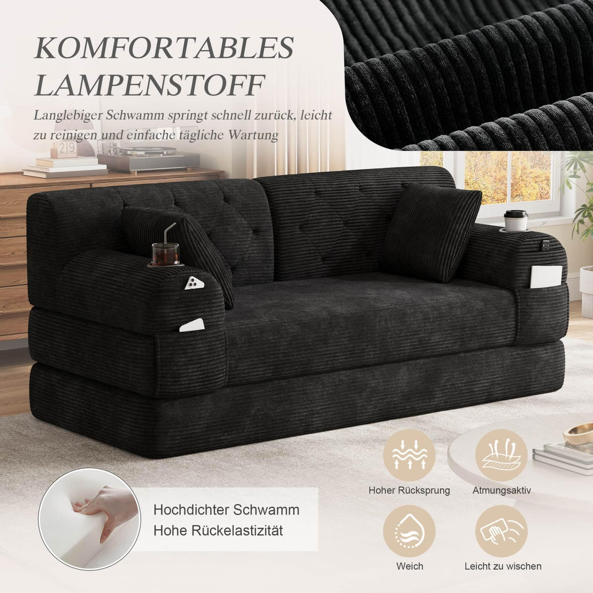 YEHTOKHOME - Sofá de Velor acanalado con respaldo alto y estructura metálica, sofá moderno de 2 plazas con 2 portavasos y 4 bolsillos laterales, para salón, dormitorio (Beige)
