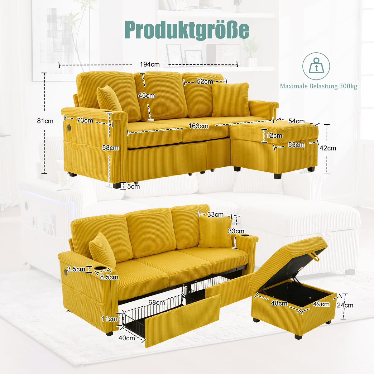 Lubvtti Sofá cama de 3 plazas moderno con función de cama, con espacio de almacenamiento, cargador USB, reposabrazos portaobjetos y 2 cojines, sofá de esquina en L, sofá de 3 plazas, chenilla (C-gris)