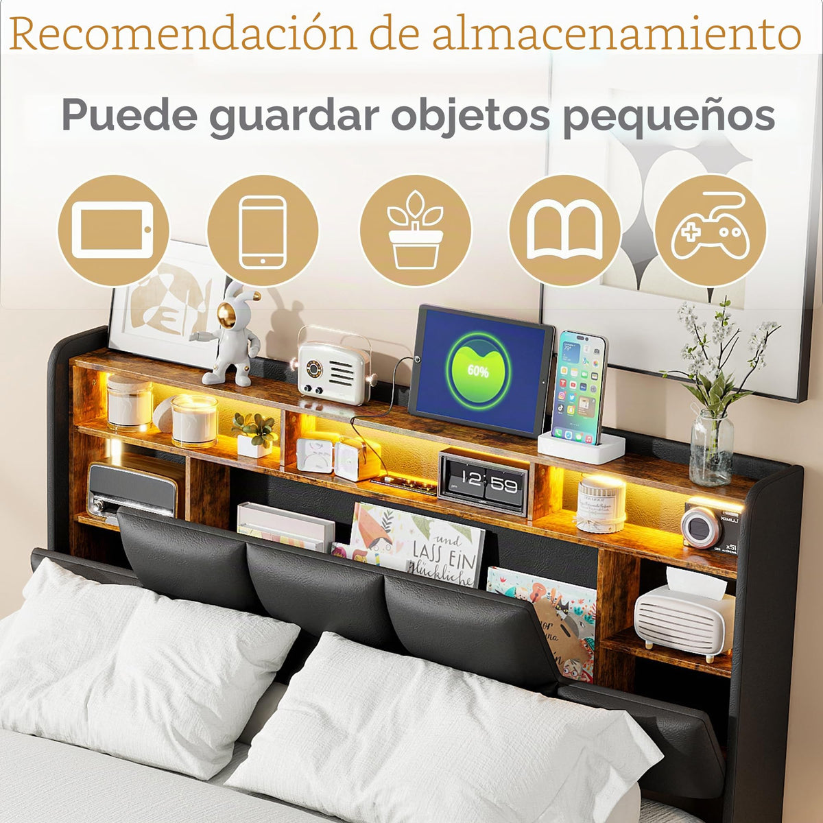 Cama tapizada de 160 x 200 cm, cama doble LED con espacio de almacenamiento, cabecero y función de carga USB C, cama de almacenamiento hidráulico, respaldo con somier de láminas de madera