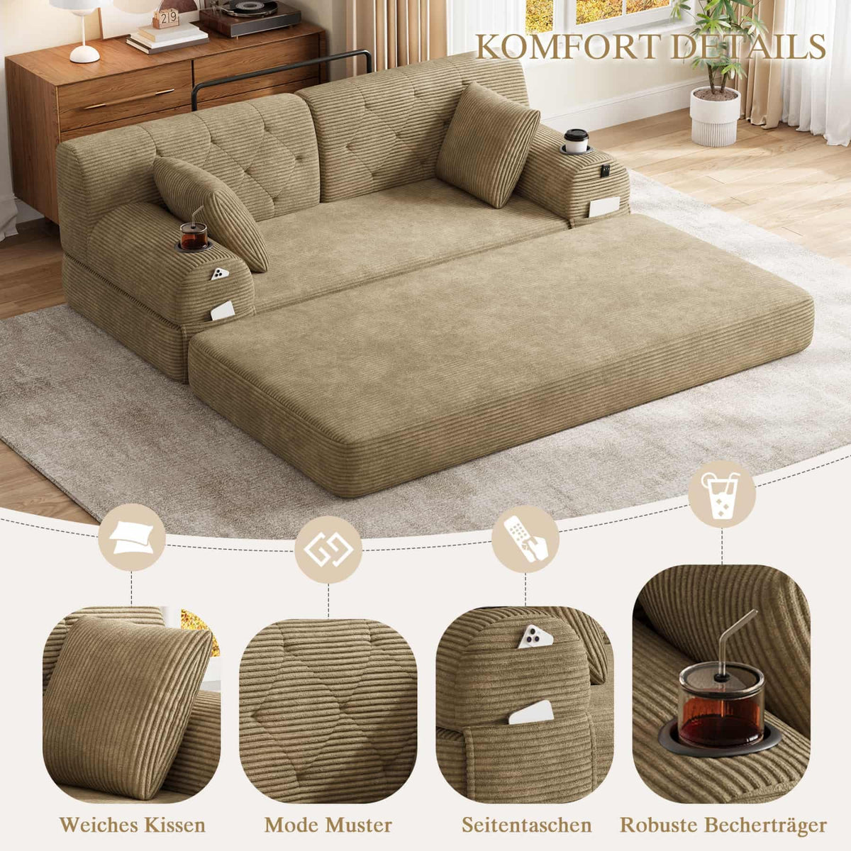 YEHTOKHOME - Sofá de Velor acanalado con respaldo alto y estructura metálica, sofá moderno de 2 plazas con 2 portavasos y 4 bolsillos laterales, para salón, dormitorio (Beige)