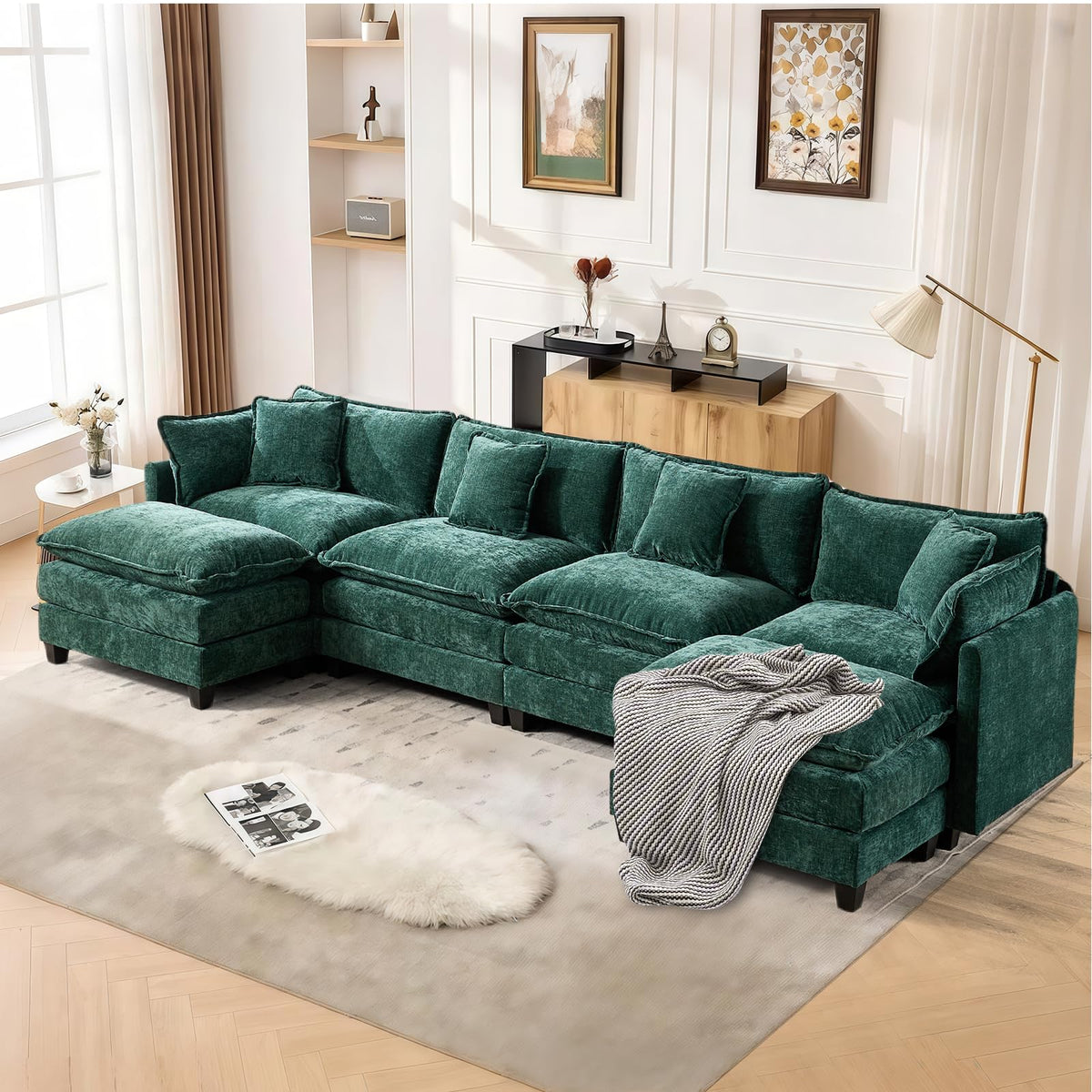 Sofá de salón modular 4 plazas 380cm, chenilla azul con cojines dobles