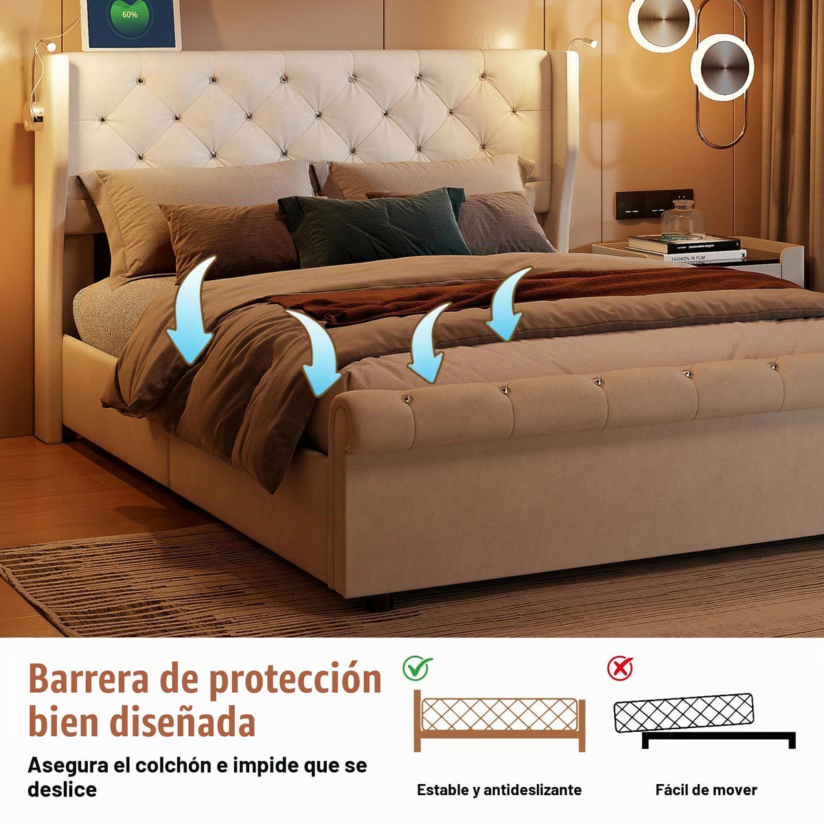 BRILVERDE Cama Tapizada 140x200 con Almacenamiento hidráulico, Cama matrimonial con Toma USB y luz LED, Cabecero Acolchado y Base de Láminas, Terciopelo (Beige, 140 x 200 cm)