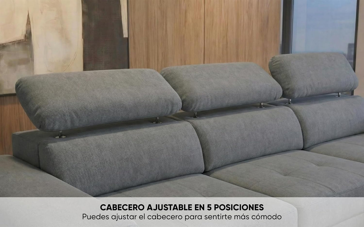BUDWING John Sofá Cama Esquinero 4 Plazas - Chaise Longue Reversible, Reposacabezas Ajustable y 2 Pufs – Tapizado en Poliéster – Estilo Moderno – 263x161x96 cm – Gris Claro