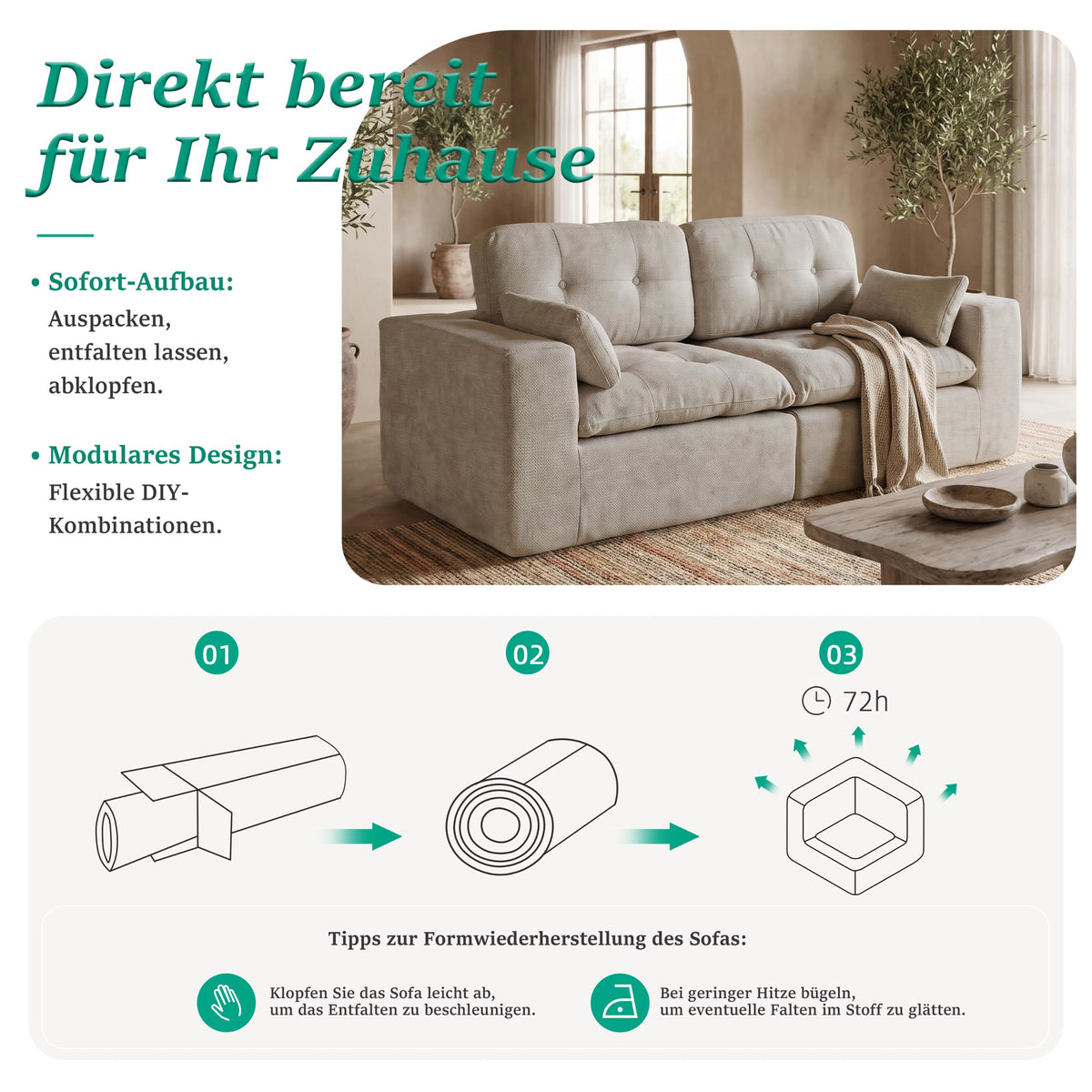 Sofá modular de 3 plazas con función de dormir, asiento extra profundo, felpilla para el hogar, sofá sin marco, sofá cama flexible para salón, verde