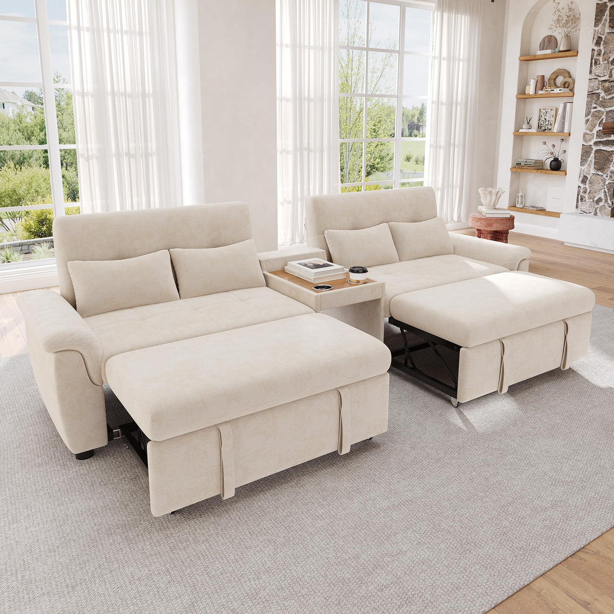 LAKFEW Sofa Cama con Cama Extensible y Taburete Almacenaje, Sofa Rinconera con USB, Lámpara de Lectura, Mesa Plegable con 2 Posavasos, 205x205x85 cm, Gris