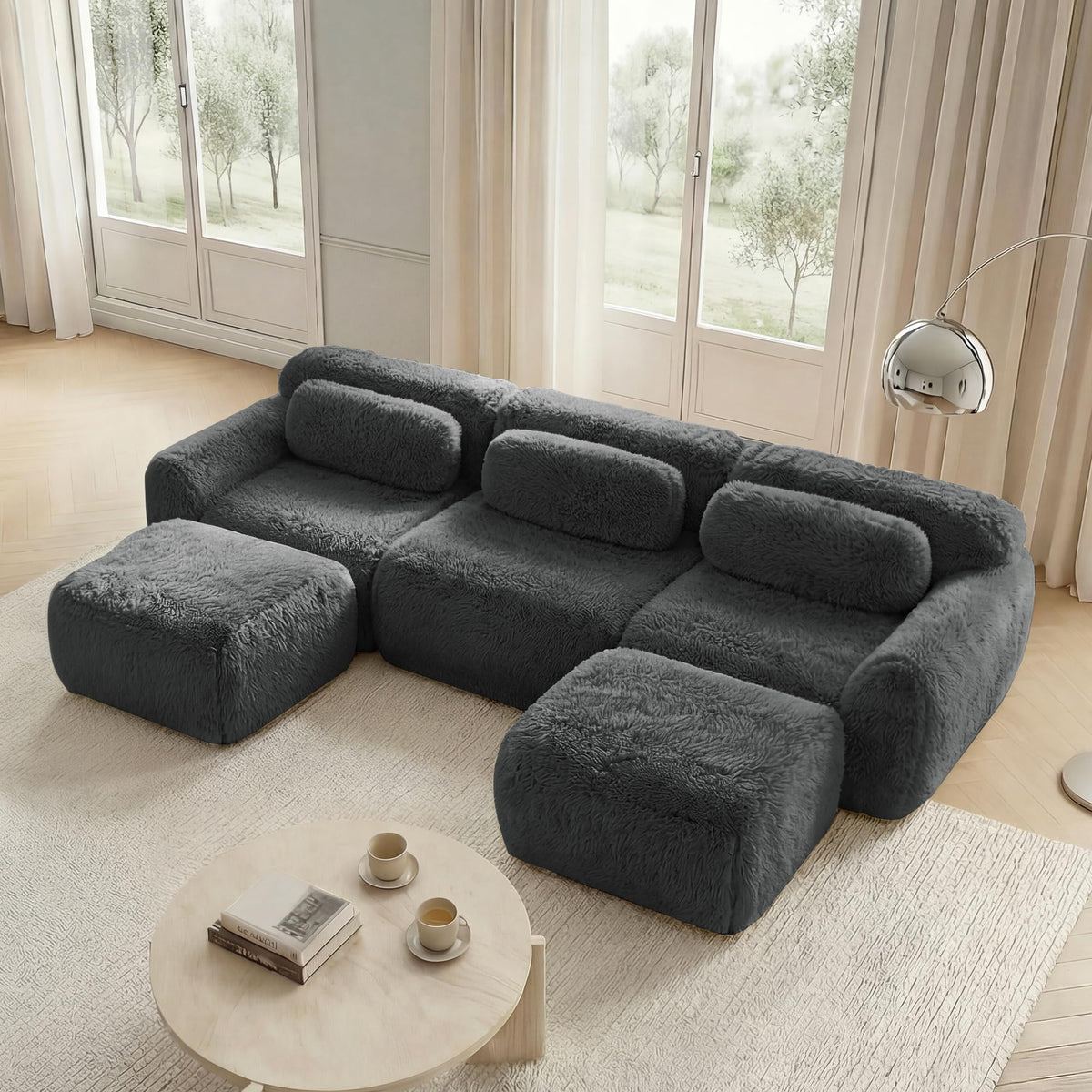 Sofá modular en forma de U, tela de felpa, sin montaje, base antideslizante, con cojín, soporte ergonómico, espuma de alta elasticidad, adecuado para sala de estar, dormitorio (caqui claro)