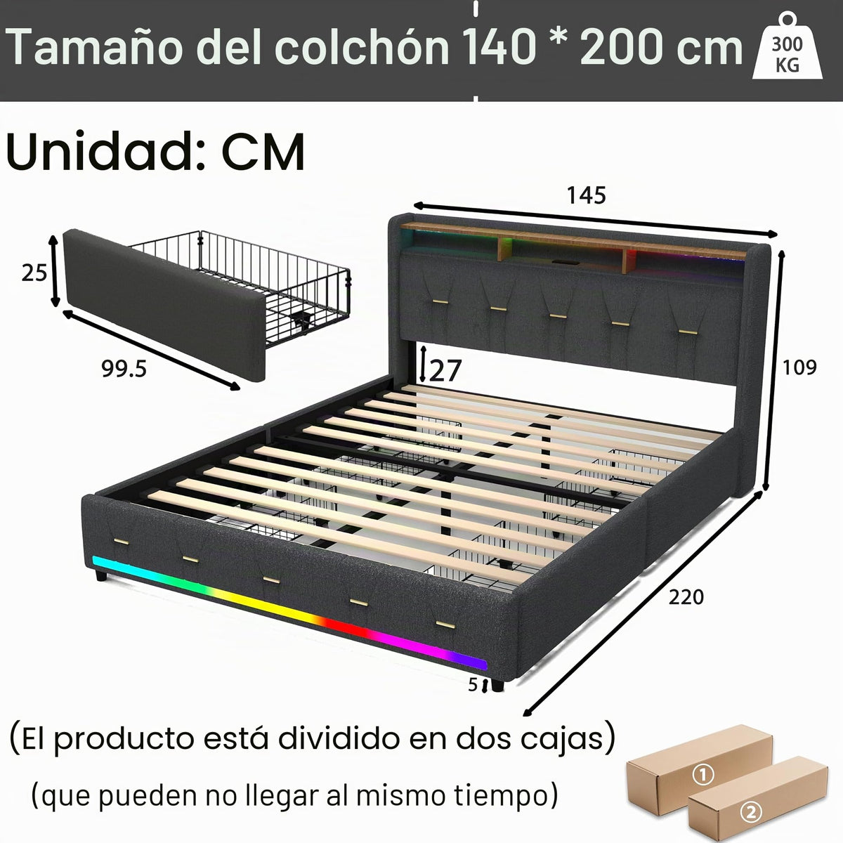 Estructura de Cama de Cuero 160x200cm con Carga USB Type-C, Blanco