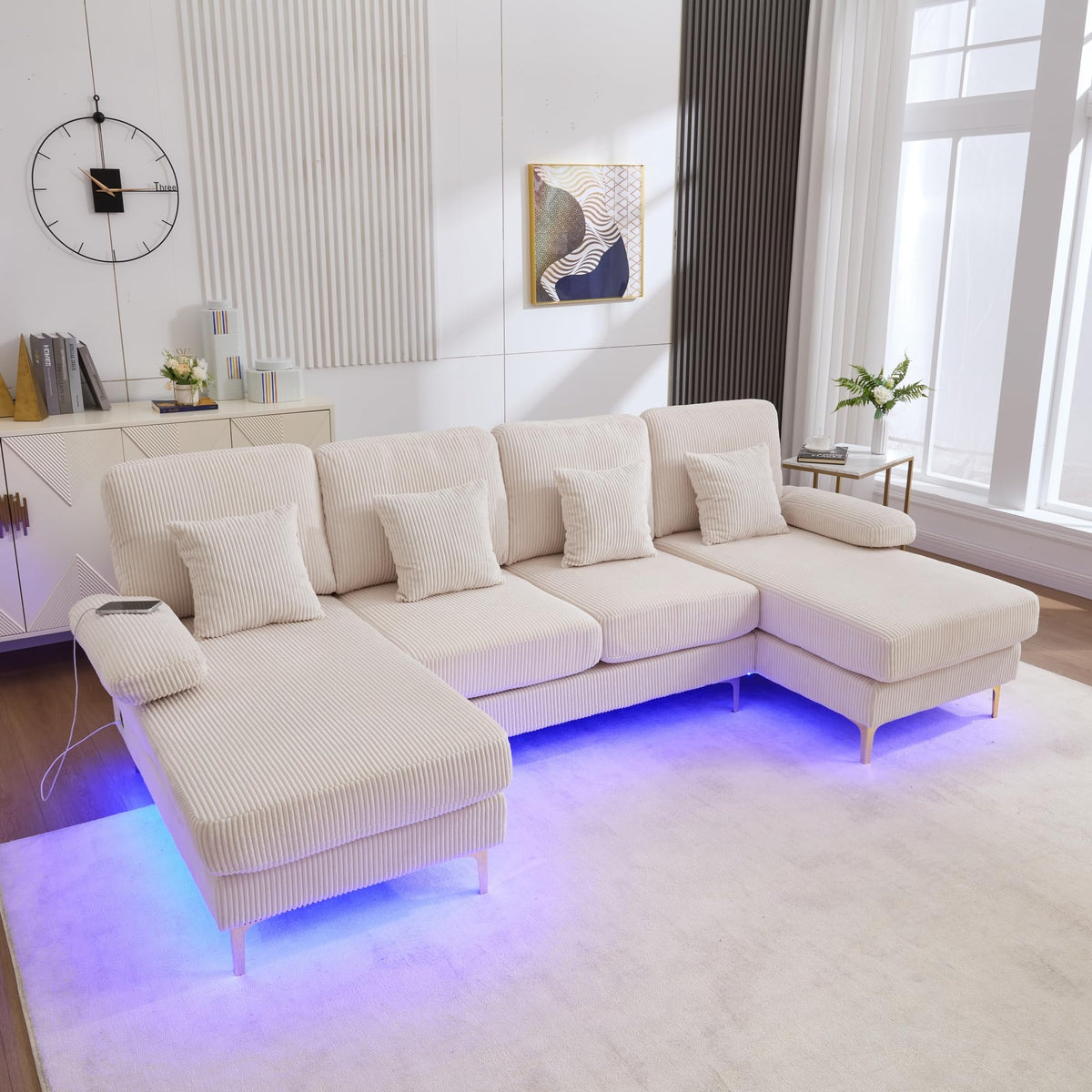 Lubvtti Sofá Moderno en U con iluminación Ambiental LED y Puerto USB+Type-C,sofá 4 plazas con 4 Cojines de Lujo y Respaldo ergonómico, sofá cheslong 4 plazas,Terciopelo,Negro