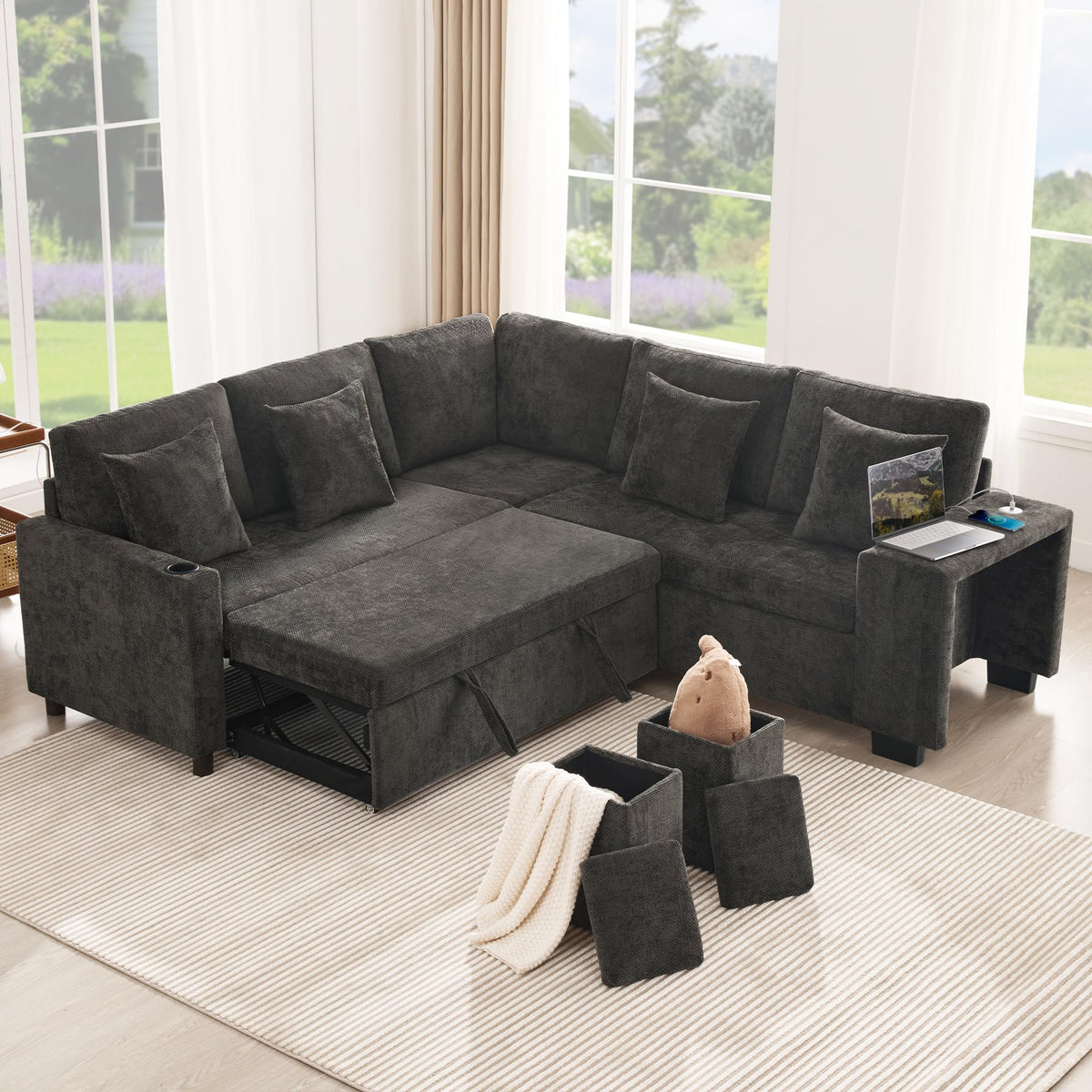 Sofá moderno de chenilla en forma de U con chaise longue, sofá esquinero de 4 plazas con espacio de almacenamiento, puerto USB y tipo C, modular, con soporte para bebidas y cojines suaves