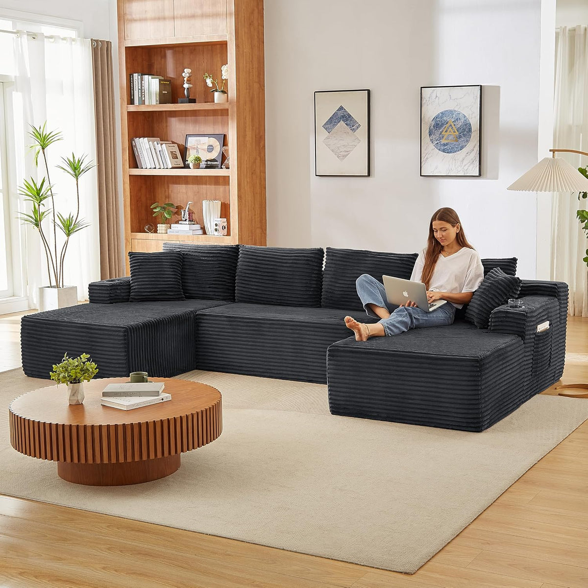 Bladez Sofá esquinero modular en forma de U de pana de 3 plazas gris con otomana