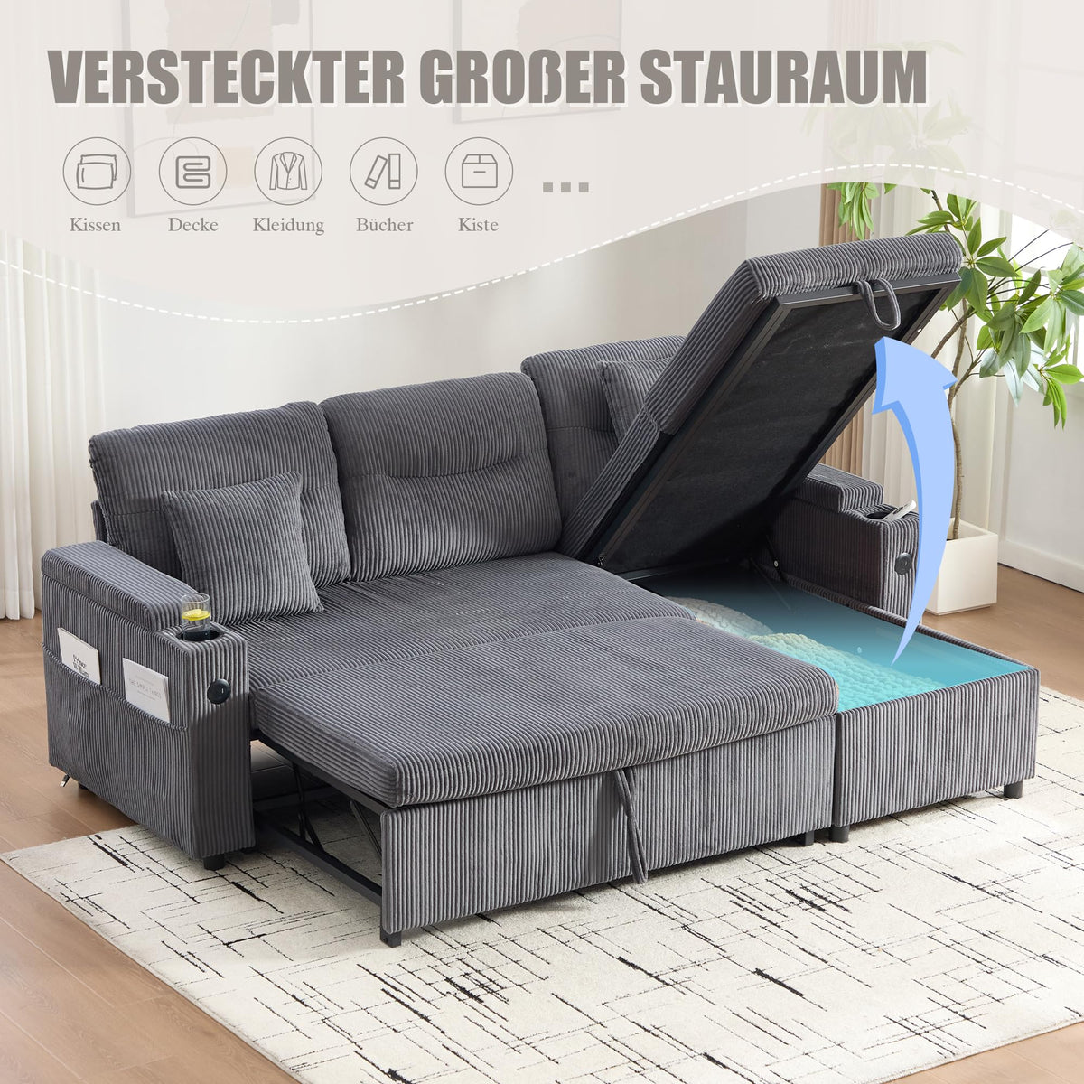 Dolamaní Sofá moderno de 4 plazas de tela de lino con espacio de almacenamiento y función de dormir, sofá cama con cajonera extensible en forma de L para casa y salón (beige B)