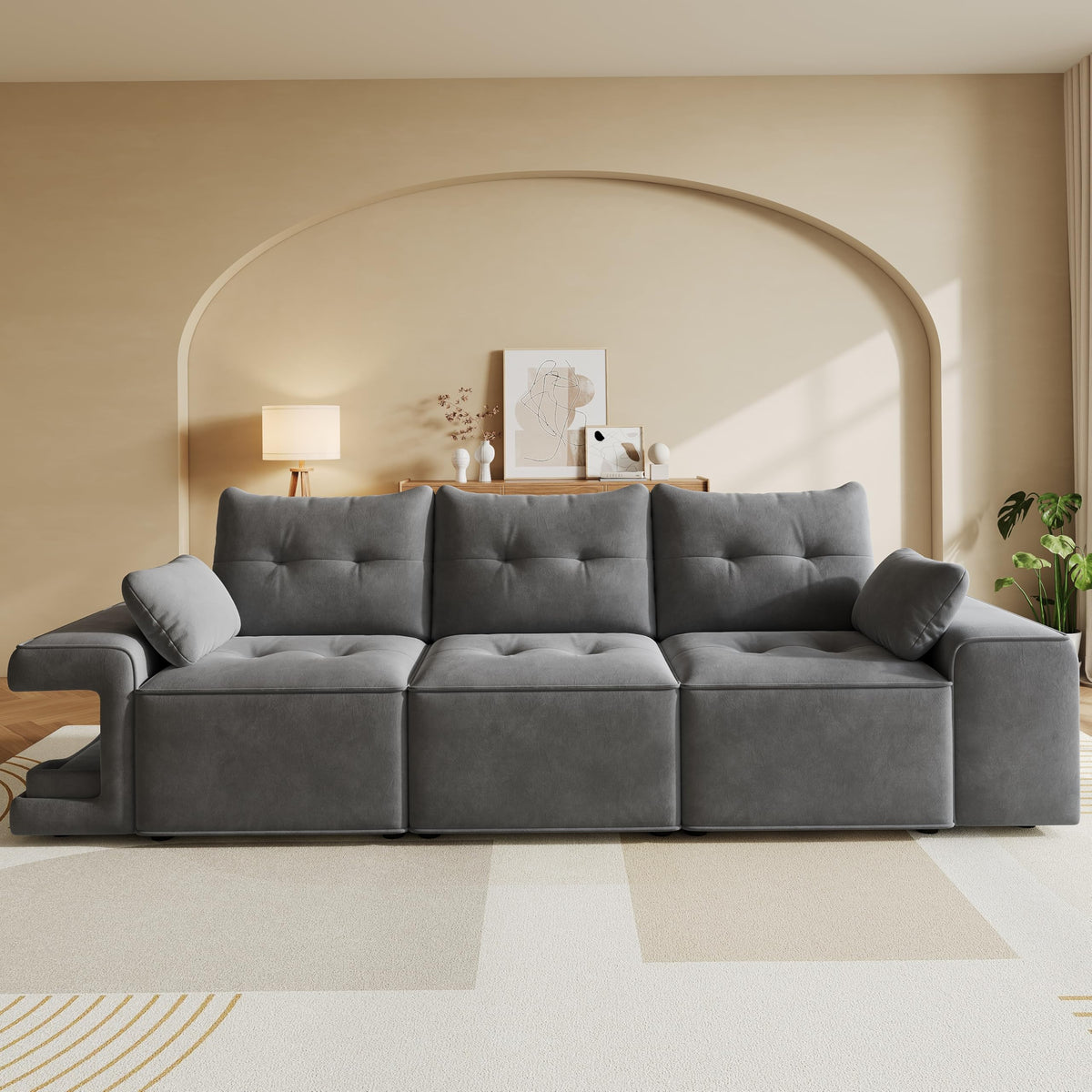 Sofá modular de 6 plazas, sofá esquinero en forma de L/U, puertos USB/tipo C, portavasos y espacio de almacenamiento, tela de chenilla, 7 cojines, salón, dormitorio y oficina, color beige