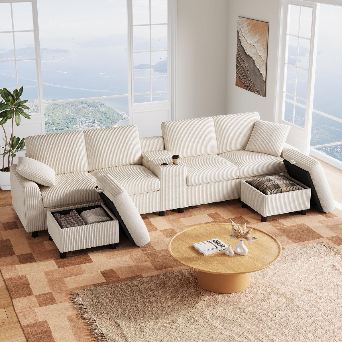Sofá moderno de chenilla en forma de U con chaise longue, sofá esquinero de 4 plazas con espacio de almacenamiento, puerto USB y tipo C, modular, con soporte para bebidas y cojines suaves