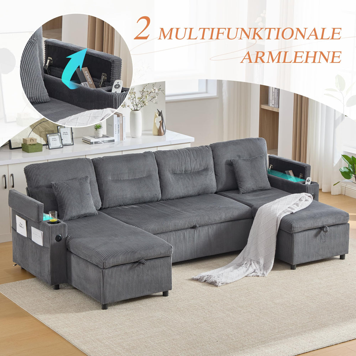 Dolamaní Sofá moderno de 4 plazas de tela de lino con espacio de almacenamiento y función de dormir, sofá cama con cajonera extensible en forma de L para casa y salón (beige B)