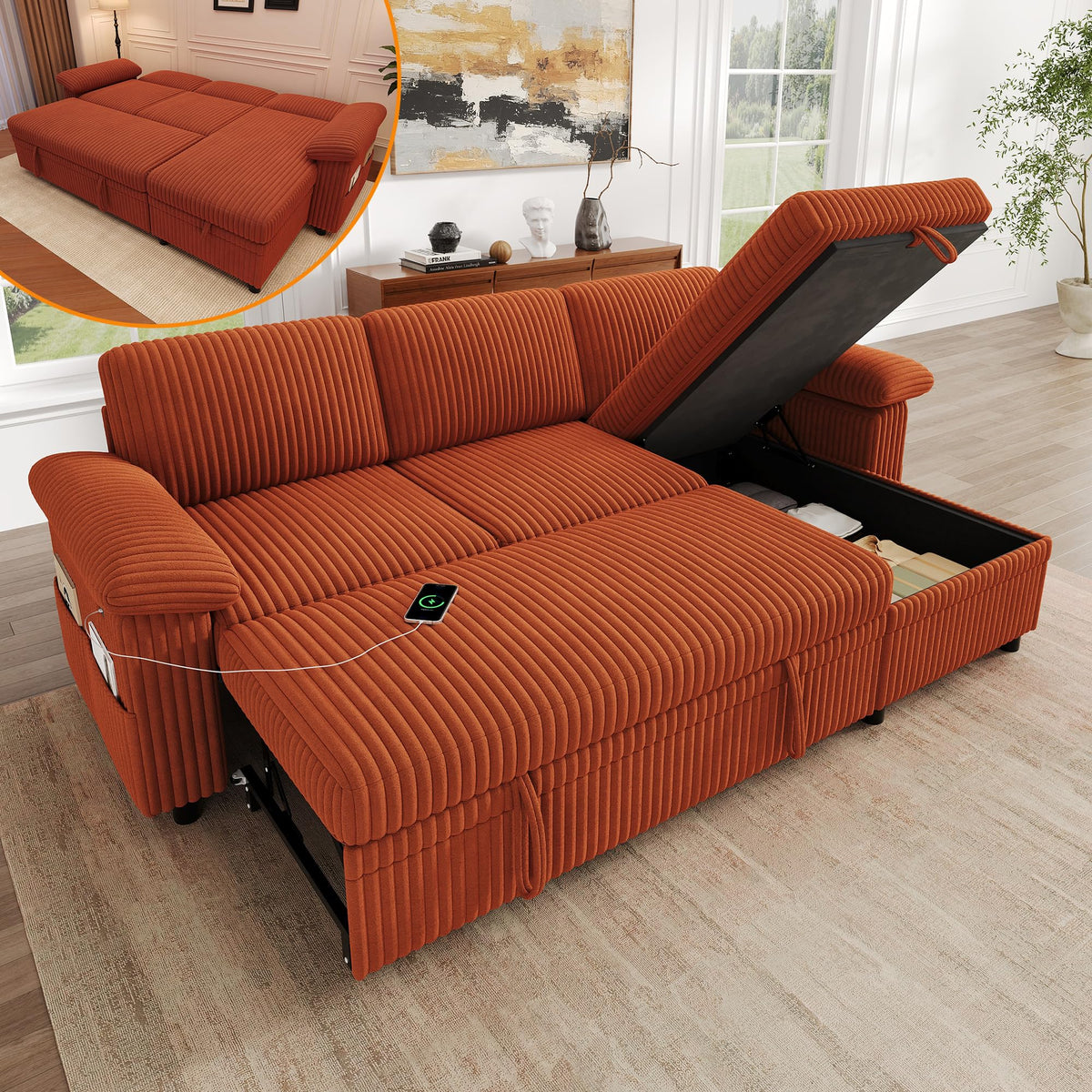Sofá modular de 3 plazas con función cama extensible y USB/Type-C, sofá esquinero en forma de L con reposacabezas semifijos y compartimento de almacenamiento, sofás con chaise longue
