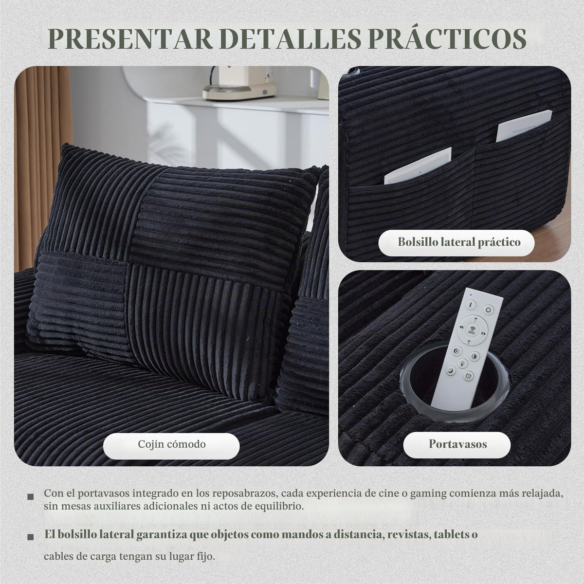 Sofá modular de 200 cm, sofá de 2 plazas con portabebidas y bolsillo de almacenamiento lateral, sofá comprimido de pana, sofá seccional para sala de estar y dormitorio