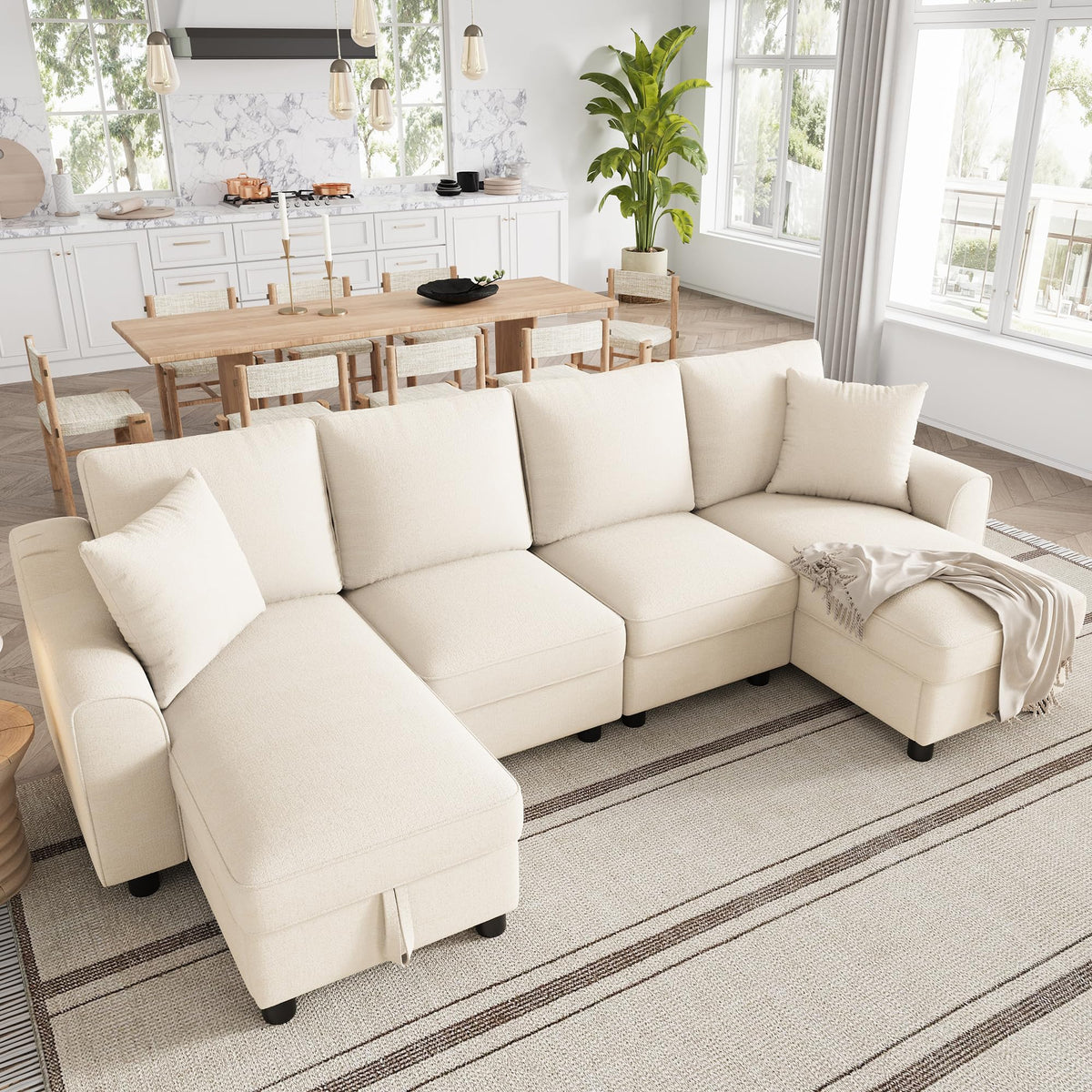 Sofá moderno de chenilla en forma de U con chaise longue, sofá esquinero de 4 plazas con espacio de almacenamiento, puerto USB y tipo C, modular, con soporte para bebidas y cojines suaves