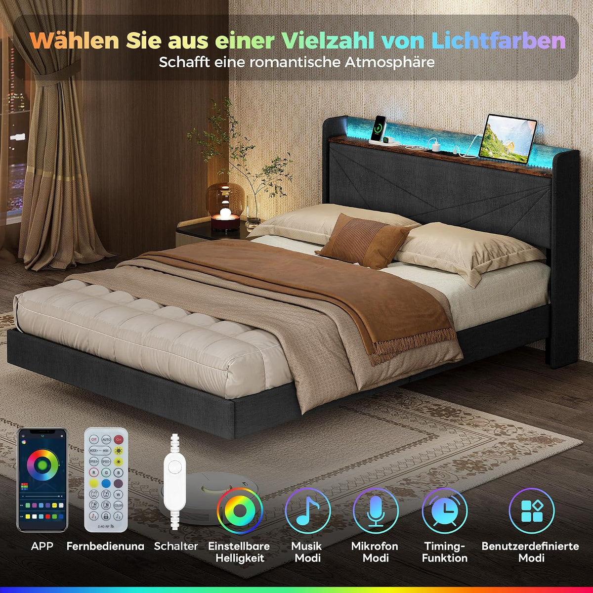 IRONCK Cama Tapizada 140 x 200 cm con Estación de Carga y Luces LED