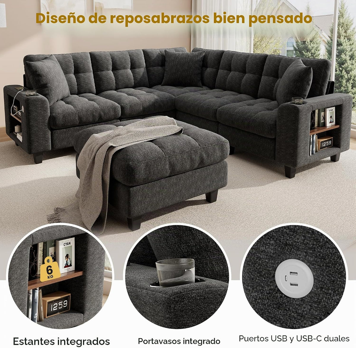 Sapgaks Sofá de esquina convertible de 6 plazas con USB, sofá convertible de 6 plazas, sofá de 6 plazas, en chenilla, con apoyabrazos en forma de librería, puf extraíble para configuraciones en L y en